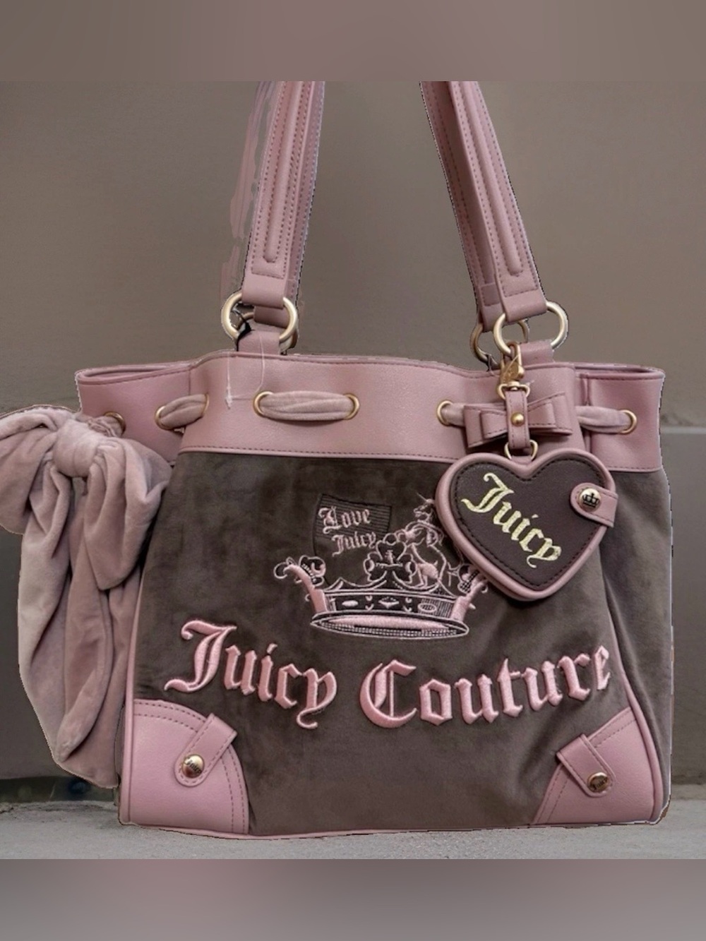 Juicy Couture Pink and Brown Velour Logo Tote with Heart Charm